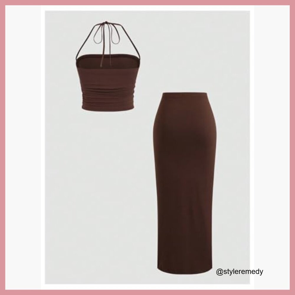 Polyester Elastane Ruched Crop Halter Top Slit Bo… - image 2